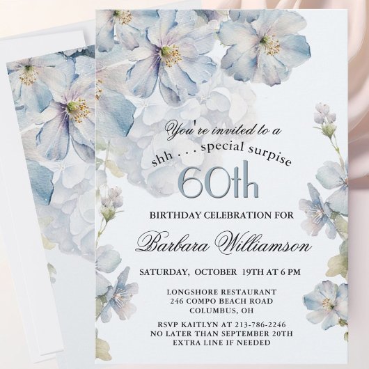 Invitation SURPRISE Elegant Blue Floral 60th Birthday