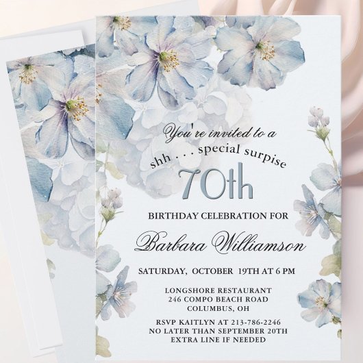 Invitation SURPRISE Elegant Blue Floral 70th Birthday 