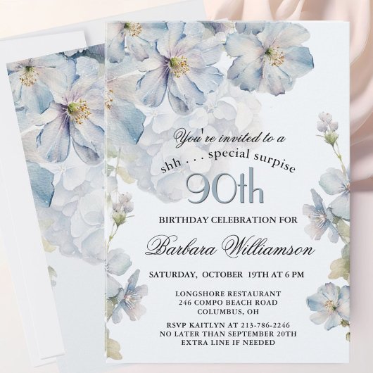 Invitation SURPRISE Elegant Blue Floral 90th Birthday