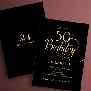 Invitation Surprise élégant noir or écriture pour 50e anniver