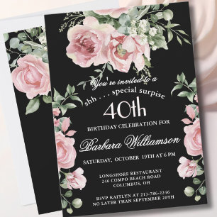 Invitation SURPRISE Élégantes Roses Peintes 40 Ans Fête d'ann