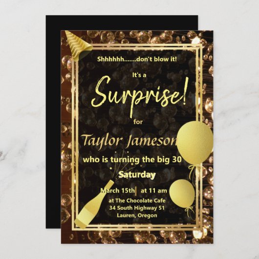 Invitation Surprise en noir et or avec ballons QR rsvp (Devant / Derrière)