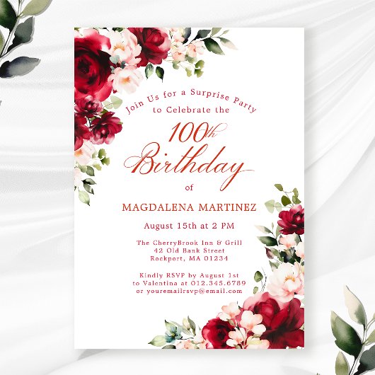 Invitation SURPRISE FÊTE 100e anniversaire Rouge rose floral
