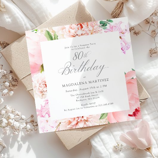 Invitation SURPRISE FÊTE 80e anniversaire Carré rose