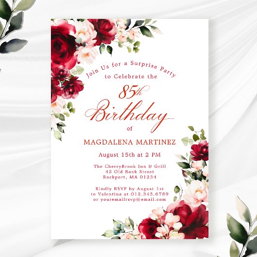 Invitation SURPRISE FÊTE 85e anniversaire Floral rose rouge