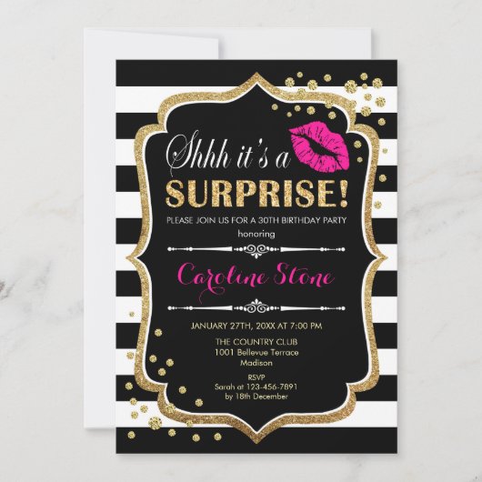 Invitation Surprise fête d'anniversaire - Black Pink Gold (Devant)