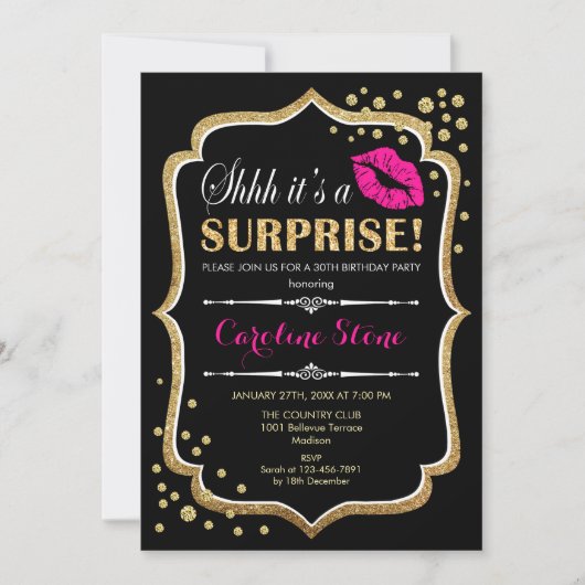 Invitation Surprise fête d'anniversaire - Black Pink Gold (Devant)