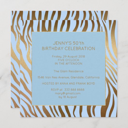 Invitation Surprise fête d'anniversaire Blue Gold Zebra (Devant / Derrière)