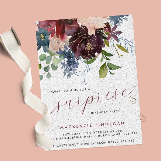 Invitation Surprise fête d'anniversaire Bourgogne & Marine Fl