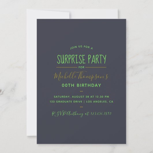 Invitation Surprise fête d'anniversaire confetti vert et or (Dos)