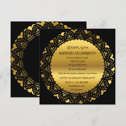 Invitation Surprise fête d'anniversaire Golden Black Lace Gla (Devant / Derrière)
