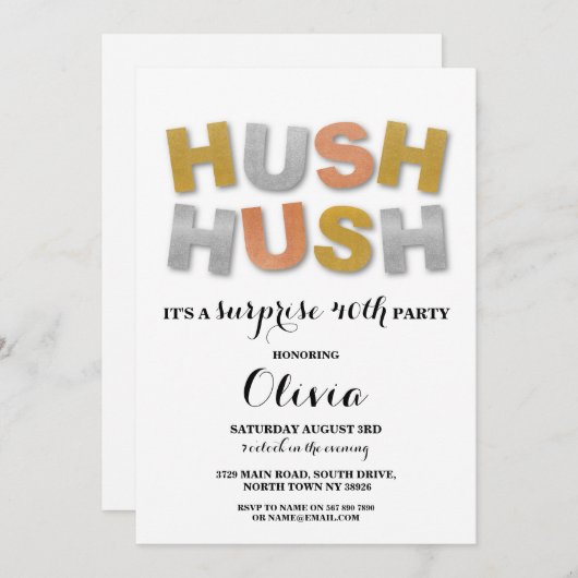 Invitation Surprise fête d'anniversaire Hush Hush Gold Metall (Devant / Derrière)