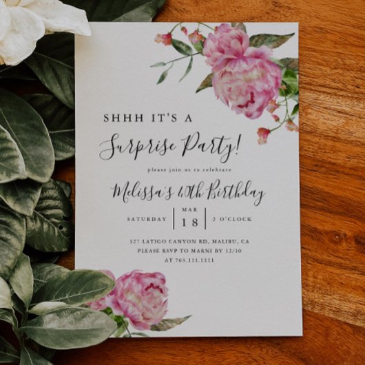 Invitation Surprise fête d'anniversaire rose Floral
