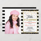 Invitation Surprise fête d'anniversaire rose or noir photo (Devant / Derrière)