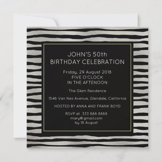 Invitation Surprise fête d'anniversaire Silver Black Stripes (Devant)
