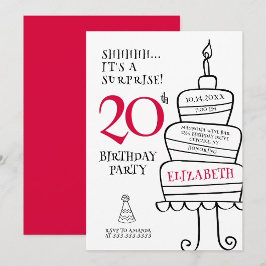 Invitation Surprise fête du 20e anniversaire (Devant / Derrière)
