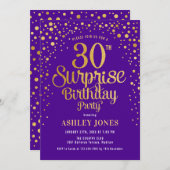 Invitation Surprise fête du 30e anniversaire - Purple & Gold (Devant / Derrière)