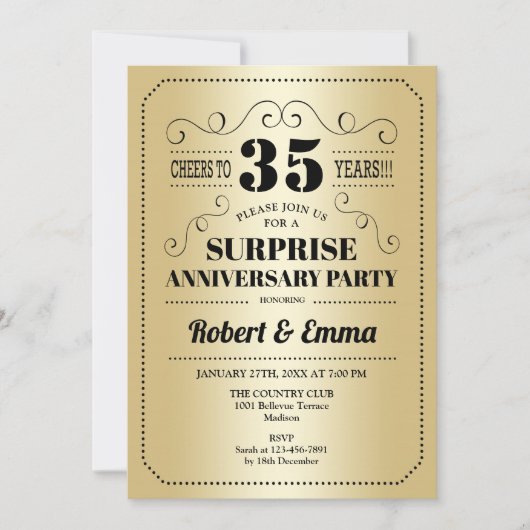Invitation Surprise fête du 35e anniversaire - Gold Black (Devant)