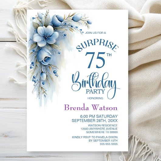 Invitation Surprise Fleur Bleu pour les 75 ans