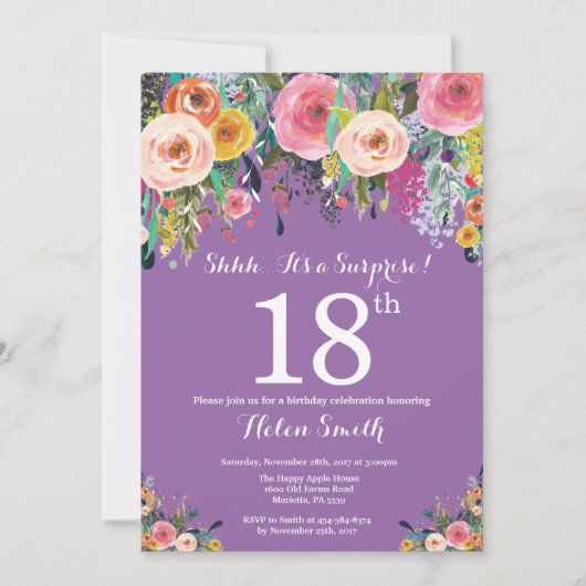 Invitation surprise Fleurie Violette pour 18 ans (Devant)
