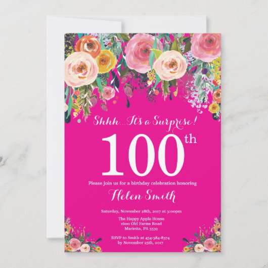 Invitation surprise fleurs rose chaud pour 100e an (Devant)