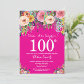 Invitation surprise fleurs rose chaud pour 100e an (Debout devant)