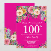 Invitation surprise fleurs rose chaud pour 100e an (Devant / Derrière)