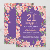 Invitation Surprise Floral 21e Anniversaire Fleurs roses Viol (Devant / Derrière)