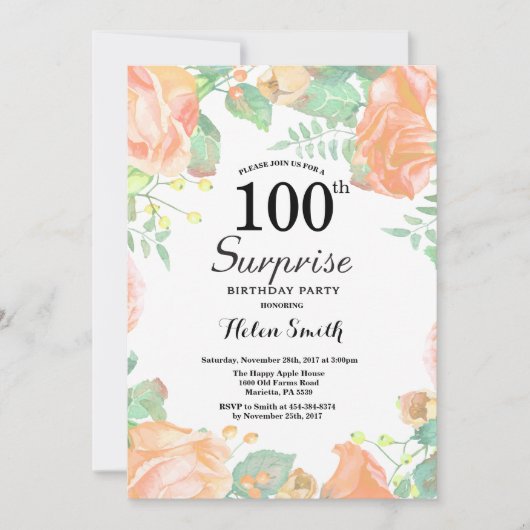 Invitation Surprise Florale de Pêche Botanique 100e Anniversa (Devant)