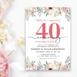Invitation Surprise Florale Élégante 40e Anniversaire de Mari