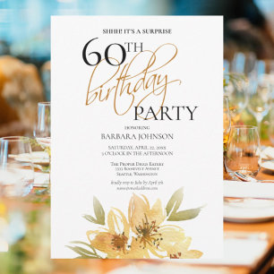 Invitation Surprise Florale Jaune Élégant 60e Anniversaire