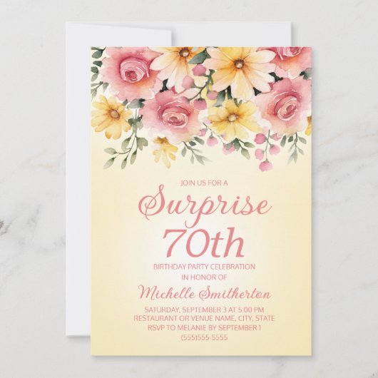 Invitation Surprise Florale Jaune Rose Printanière 70 ans (Devant)