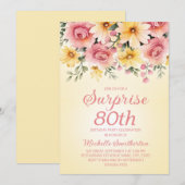 Invitation Surprise Florale Jaune Rose Printanière 80 ans (Devant / Derrière)