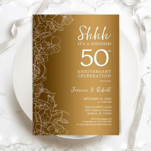 Invitation Surprise Florale Or 50e Anniversaire