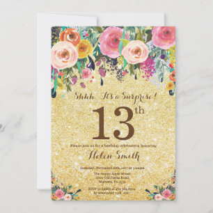 Invitation Surprise Florale Pailletée Or pour 13e Anniversair
