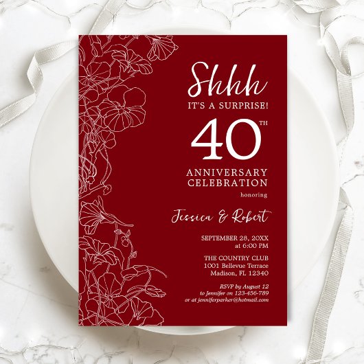 Invitation Surprise Florale Rouge Rubis 40e Anniversaire