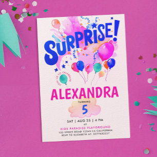 Invitation Surprise Fun Rose Et Bleu Ballon Enfant Aquarelle