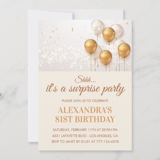 Invitation Surprise Gold Ballons 81e anniversaire (Devant)
