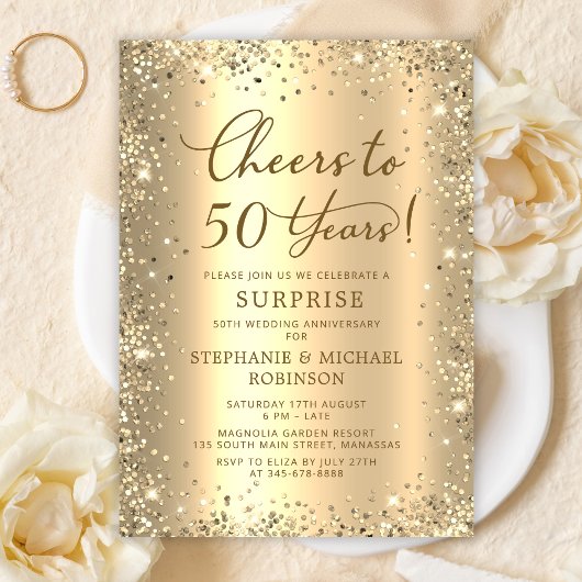Invitation Surprise Gold Glitter 50th Wedding Anniversary