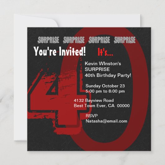 Invitation SURPRISE Grunge 40e anniversaire rouge et noir W20 (Devant)