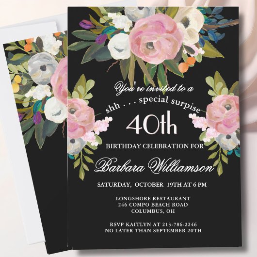 Invitation SURPRISE Handpainted Floral 40th Birthday Party 