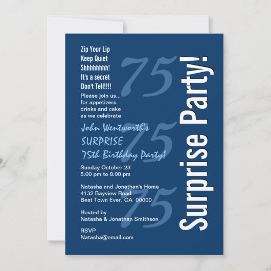 Invitation SURPRISE Moderne 75e anniversaire Marine bleue et (Devant)