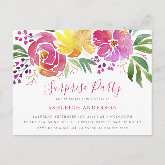 Invitation surprise moderne à motif floral aquarel (Devant)