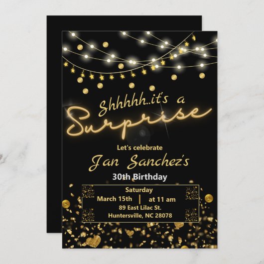 Invitation surprise noire et dorée avec code QR (Devant / Derrière)