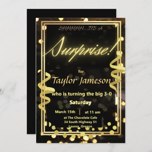 Invitation surprise noire et dorée avec QR code rs (Devant / Derrière)