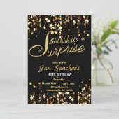 Invitation surprise noire et dorée avec QR rsvp (Debout devant)