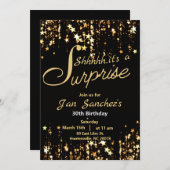 Invitation surprise noire et dorée avec QR rsvp (Devant / Derrière)