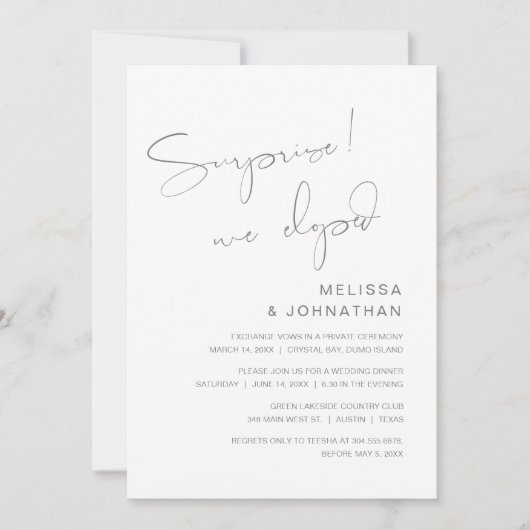 Invitation Surprise, nous nous sommes enfuis, Fête de Mariage (Devant)