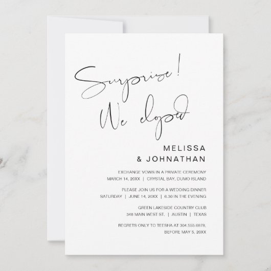 Invitation Surprise, nous nous sommes enfuis, Fête de Mariage (Devant)