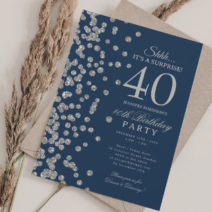 Invitation Surprise Pailletés Argent 40e Anniversaire Bleu N